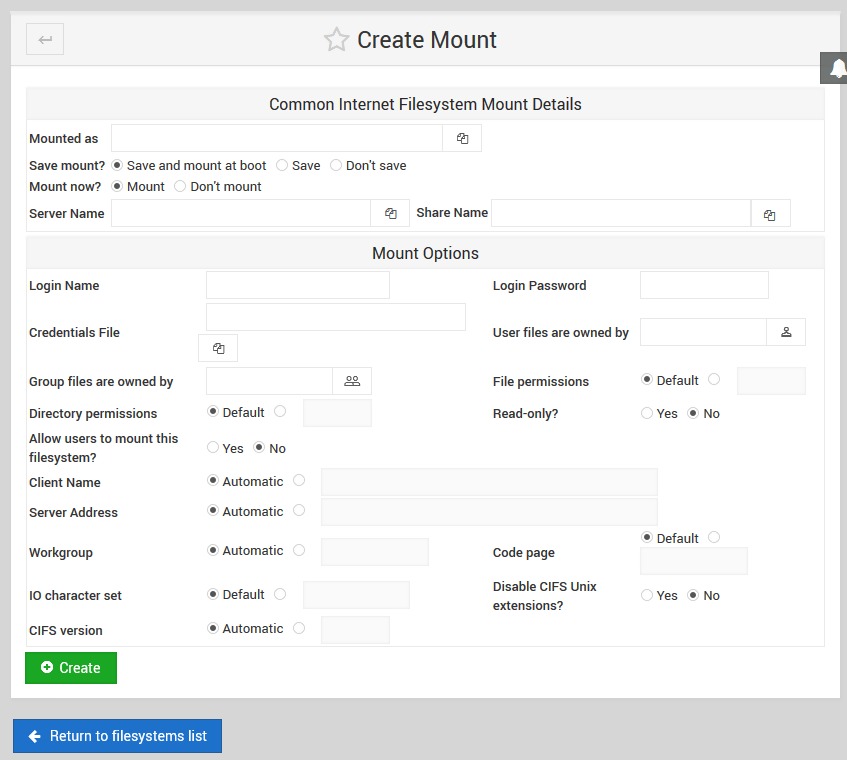Webmin Disk ve Ağ Dosya Sistemleri